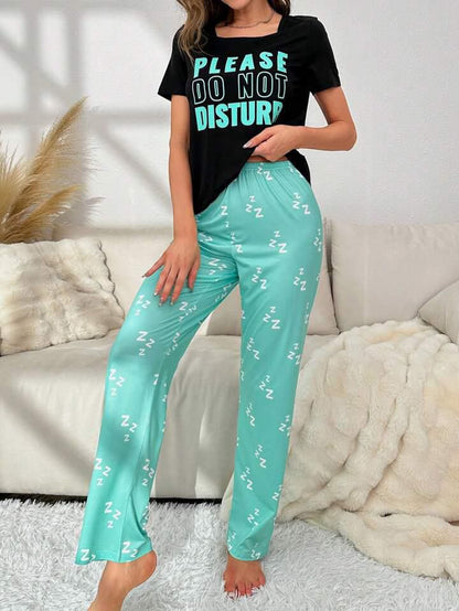 Black Please Do Not Disturb Printed Half Sleeves T-shirt With Printed Trouser Suit (SP-36)