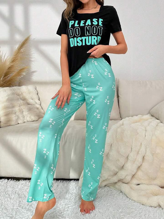 Black Please Do Not Disturb Printed Half Sleeves T-shirt With Printed Trouser Suit (SP-36)