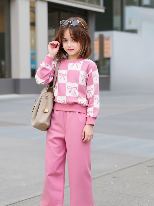 Pink Checkered Bow with Pink Pajama Kids Track suit