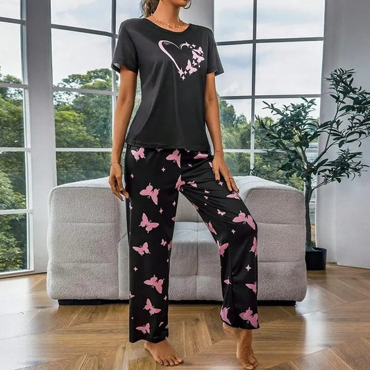 Grey With Butterflies Heart Printed T-shirt And Butterflies Printed Trouser Suit (40)