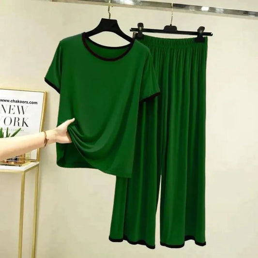 Green With Black Pipin Neck And Sleeves Half Sleeves Suit (RB-118)