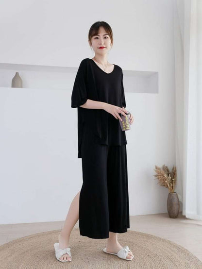 Plain Black V Neck Quarter Sleeves with Cut Style Pajama Night Suit