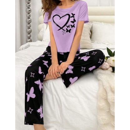 Purple With Black Butterflies Heart Printed T-shirt And Butterflies Printed Trouser Suit (SP-32)