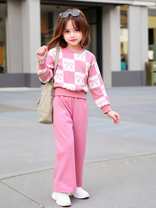 Pink Checkered Bow with Pink Pajama Kids Track suit