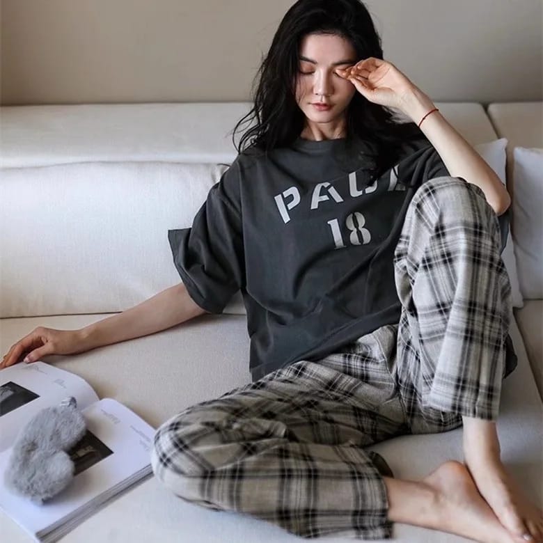 Grey Half Sleeves Paul Printed T-shirt With Check Trouser Suit (SP-16)