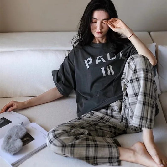 Grey Half Sleeves Paul Printed T-shirt With Check Trouser Suit (SP-16)