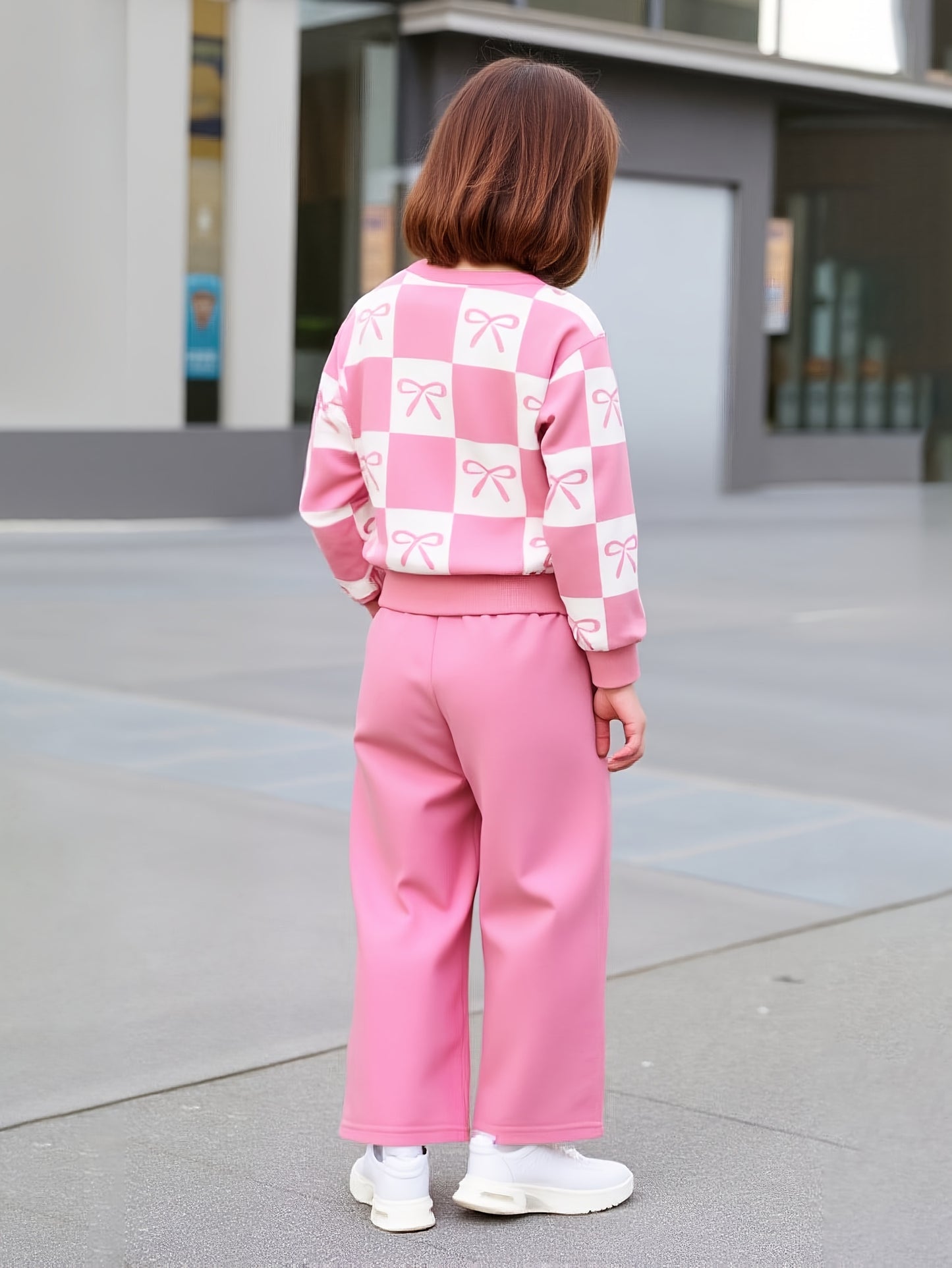 Pink Checkered Bow with Pink Pajama Kids Track suit