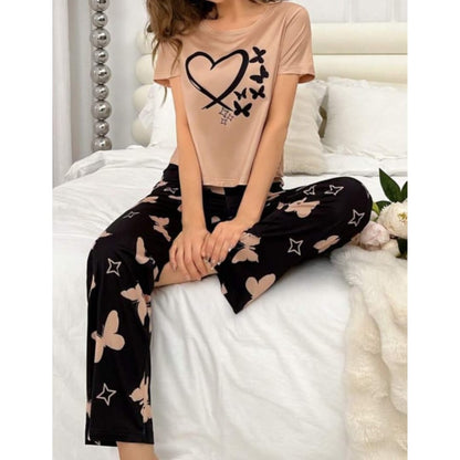 Brown With Black Butterflies Heart Printed T-shirt And Butterflies Printed Trouser Suit (SP-33)