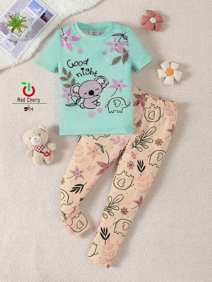 Girls' Good Night Koala Print Pajama Set – Mint Green Top & Floral Peach Pants