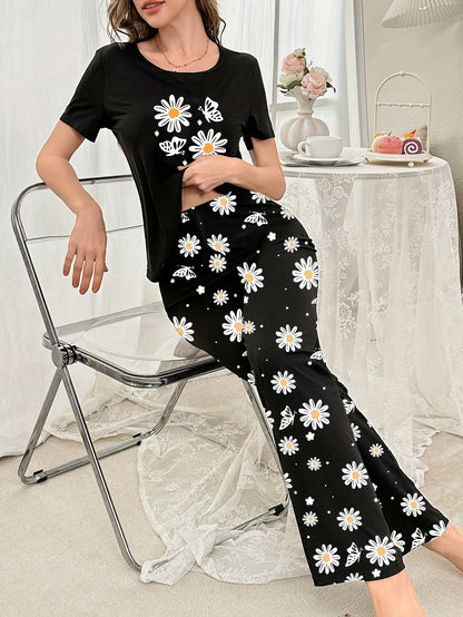Cute daisy print Women's sleepwear set with short sleeved top and long pants