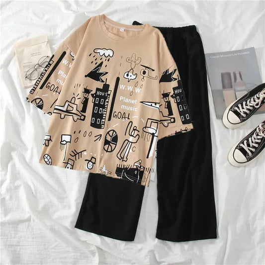 Skin Multi Printed Half Sleeves T-shirt With Plain Black Trouser Suit (SP-38)