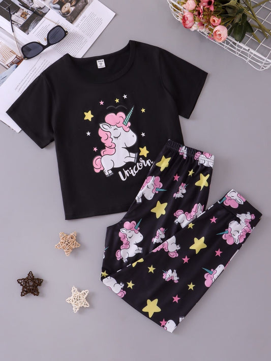 Black Unicorn Printed Half Sleeves T-shirt with unicorn Star Printed Pajama Kids Suits (RB-542)