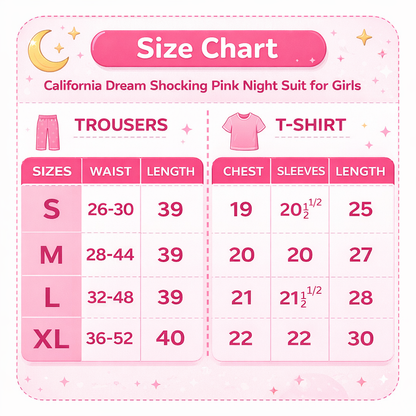 California Dream Shocking Pink Printed Night Suit for Girls – Long Shirt & Pajama Half Sleeves Sleepwear Set