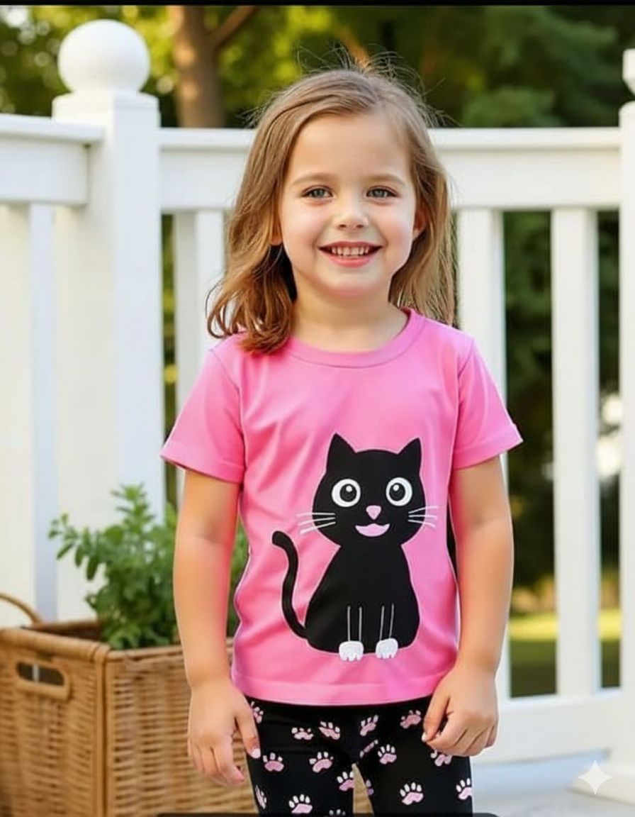 Pink With Black Cat Printed Half Sleeves T-shirt With Black and White Dotted Pajama Kids Night Suit