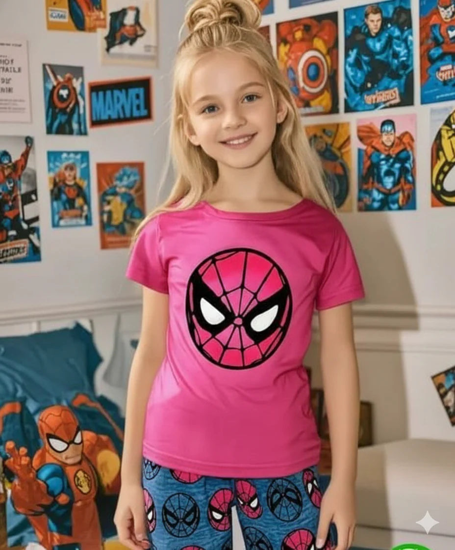 Pink Spider Girl Printed Kids Night Suit