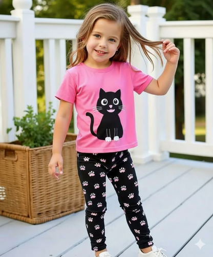Pink With Black Cat Printed Half Sleeves T-shirt With Black and White Dotted Pajama Kids Night Suit