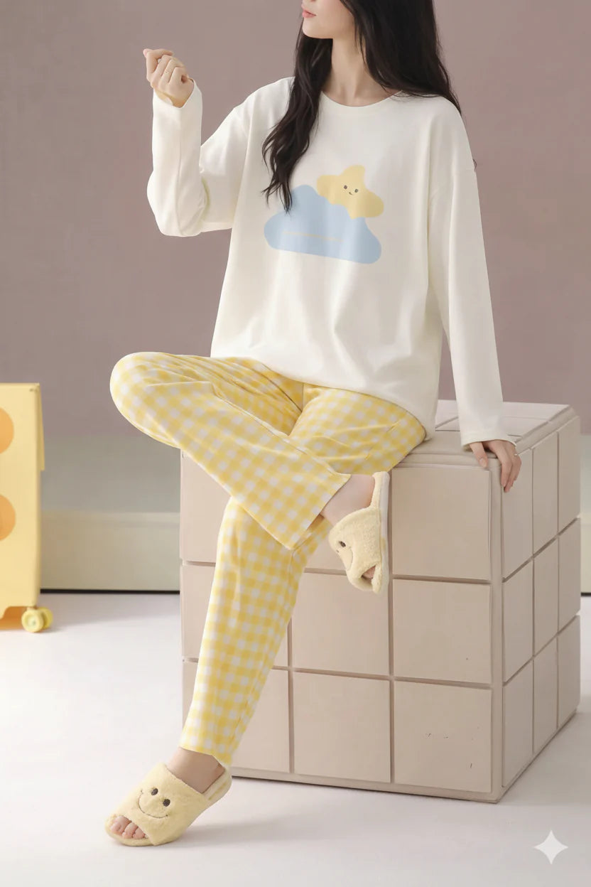 White With Clound And Star Print Full Sleeves Night Suit