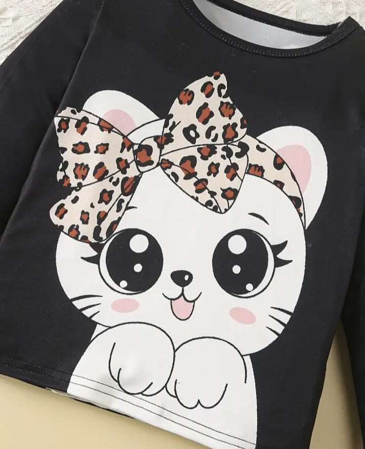 Cute Kitty Bow Printed Night Suit for Girls – Black Top & Leopard Print Pajama Set