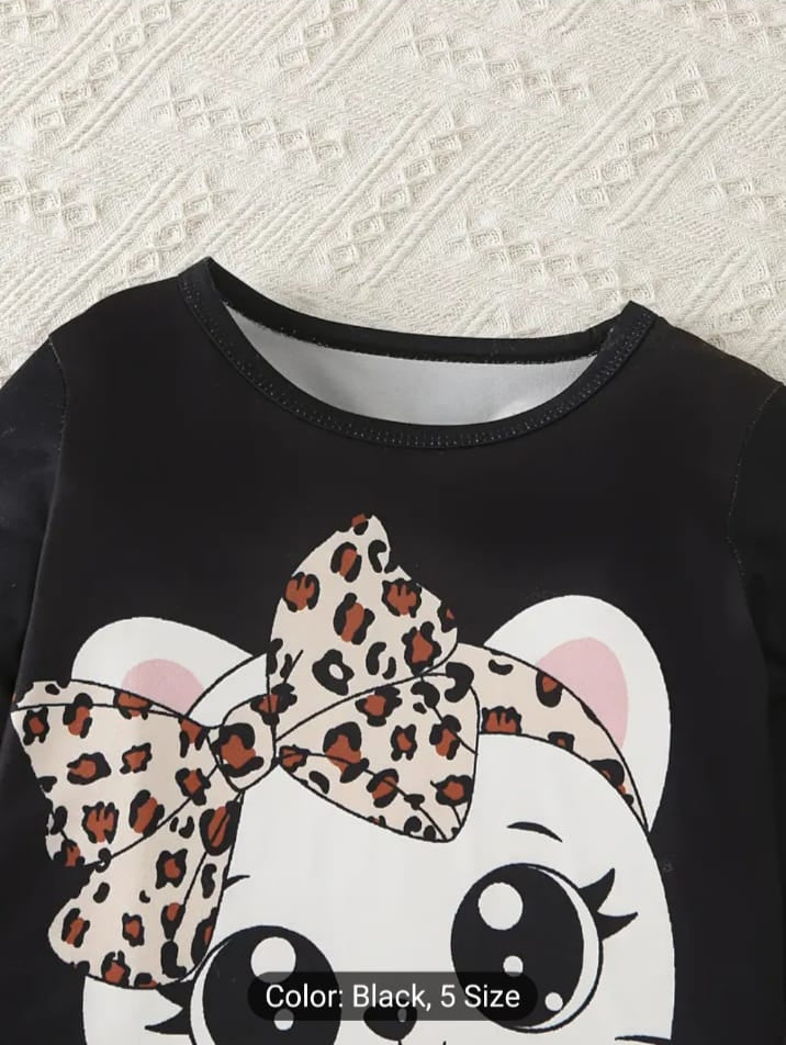 Cute Kitty Bow Printed Night Suit for Girls – Black Top & Leopard Print Pajama Set