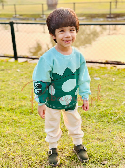 Green Dino Print Sweatshirt With Trouser Tracksuit For Kids (SP-B7)