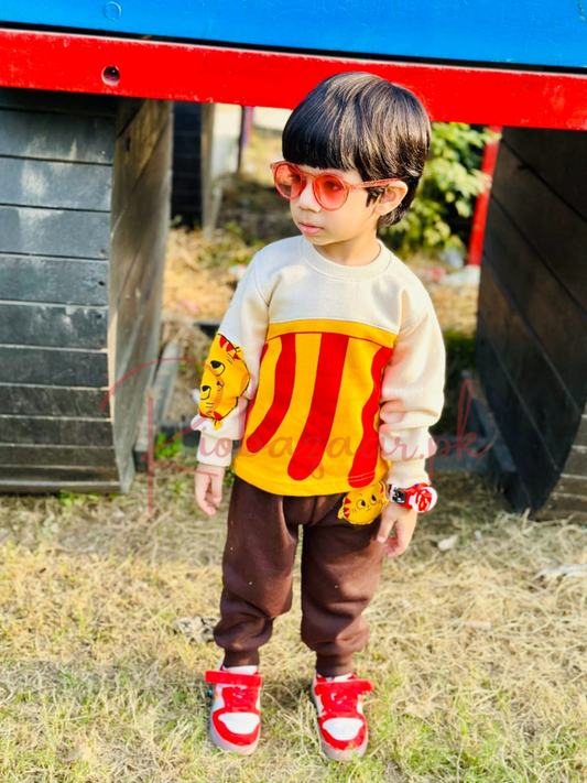 Off White Cat Print Sweatshirt With Trouser Tracksuit For Kids (SP-B4)