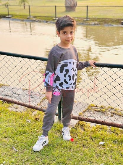 Grey And White Cow Print Sweatshirt With Trouser Tracksuit For Kids (SP-B8)