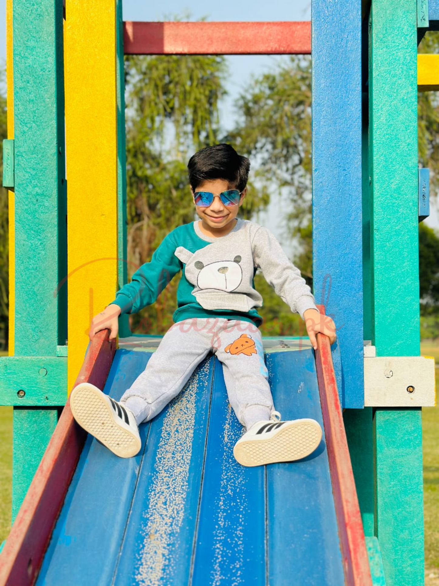 Green With Grey Bear Print Sweatshirt With Grey Trouser For Kids (SP-B6)