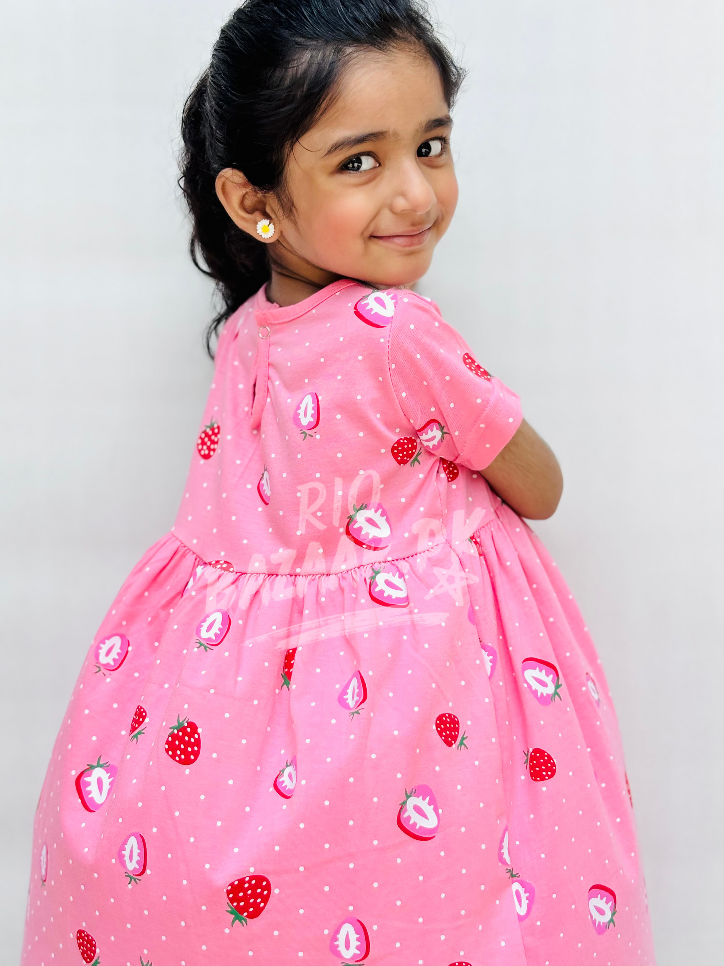 Pink Strawberry Printed Half Sleeves Frock For Baby Girl (RB-902)