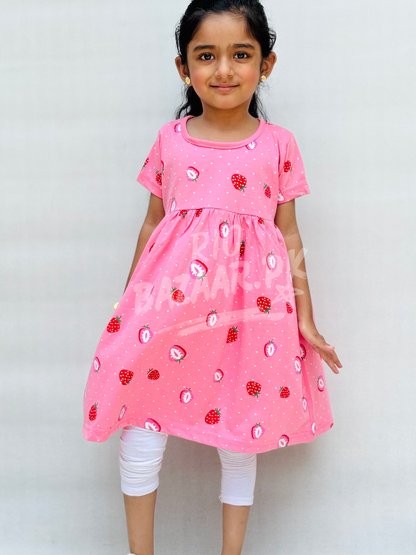 Pink Strawberry Printed Half Sleeves Frock For Baby Girl (RB-902)