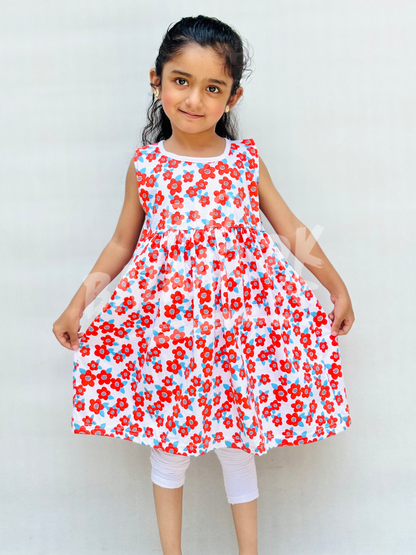 White With Red Flowers Print Sleeveless Frock For Baby Girl (RB-900)