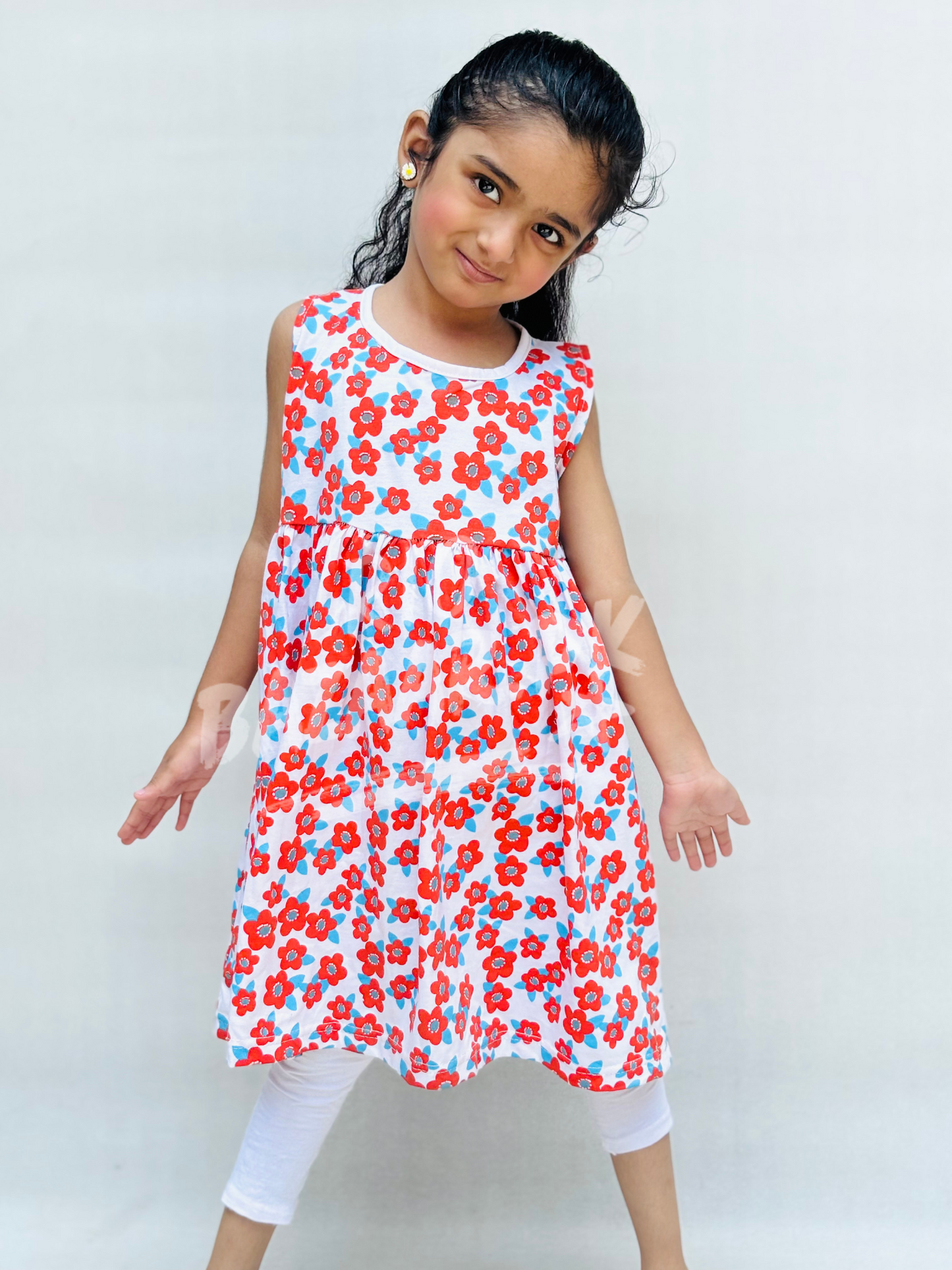 White With Red Flowers Print Sleeveless Frock For Baby Girl (RB-900)