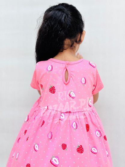 Pink Strawberry Printed Half Sleeves Frock For Baby Girl (RB-902)