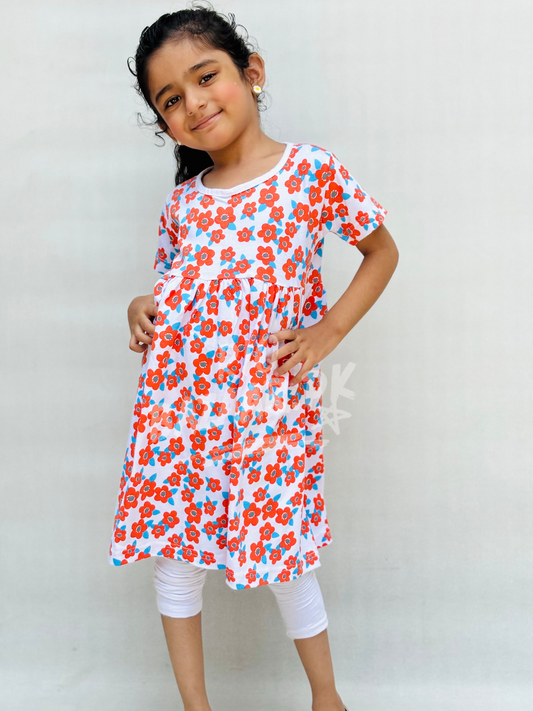 White With Red Flowers Print Half Sleeves Frock For Baby Girl(RB-901)
