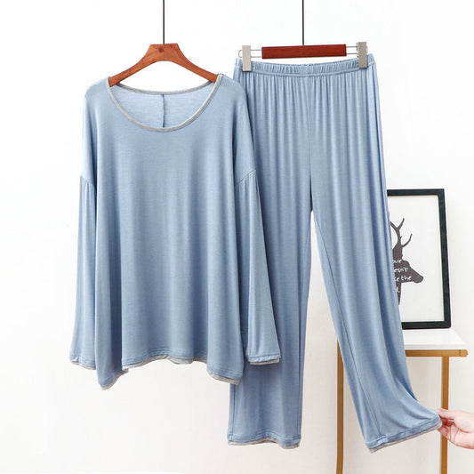 Light Blue Round Neck Night Suit with Grey Piping – Women’s Full Sleeves Sleepwear