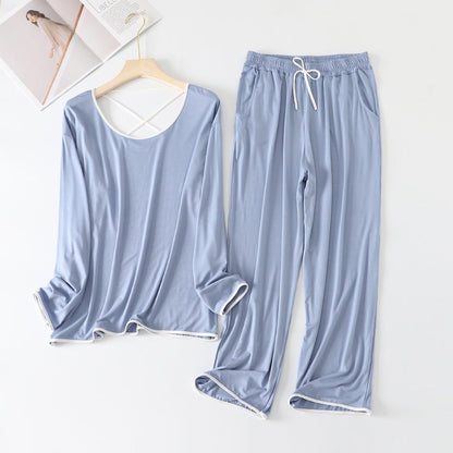 Plain Blue V-Neck Night Suit with White Lace – Full Sleeves & Palazzo Pajama Set for Women