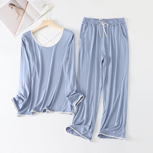 Plain Blue V-Neck Night Suit with White Lace – Full Sleeves & Palazzo Pajama Set for Women