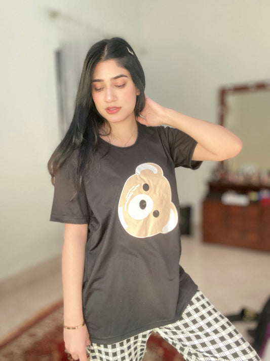 Black Bear Half Sleeves T-shirt With Check Printed Trouser Suit (SP-46)