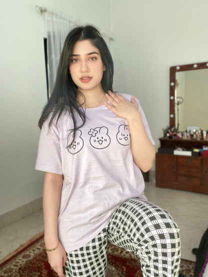Light Purple Bear Print Half Sleeves T-shirt With Check Trouser Suit (SP-50)