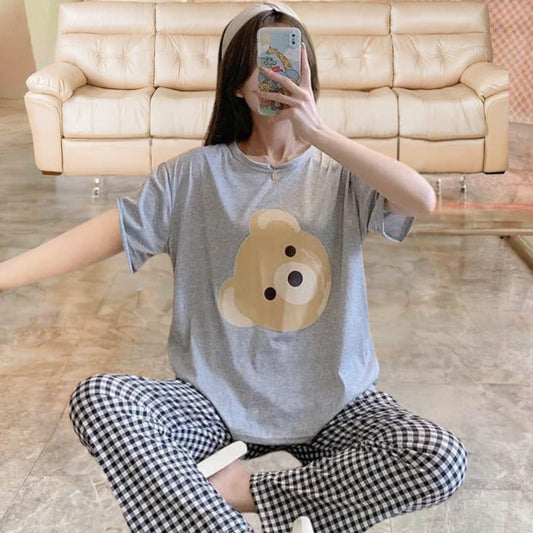 Grey Bear Half Sleeves T-shirt With Check Printed Trouser Suit (SP-18)
