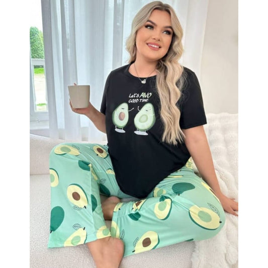 Black Avocado Print Half Sleeves T-shirt With green Avacado Print Pajama Suit (SP-23)