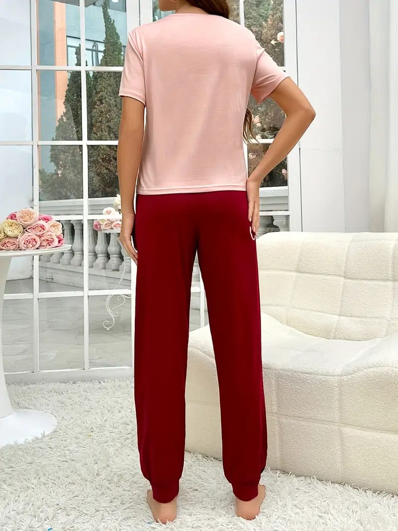 Pink Sleep Print half Sleeves T-shirt With Sleep Print Pajama Suit (SP-19)