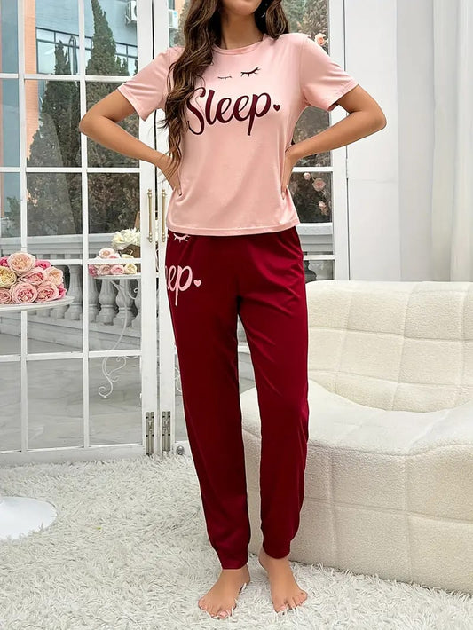 Pink Sleep Print half Sleeves T-shirt With Sleep Print Pajama Suit (SP-19)