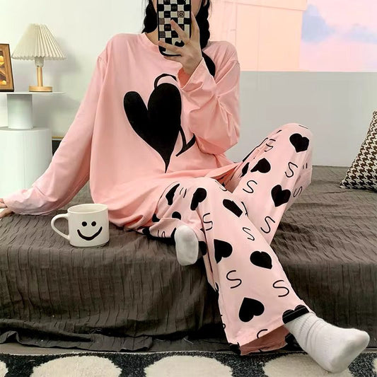 Pink Dual Heart Print With Heart Printed Trouser Full Sleeves Night Suit RB-26