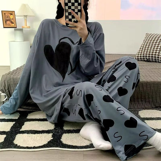 Grey Dual Heart Print With Heart Printed Trouser Full Sleeves Night Suit RB-27