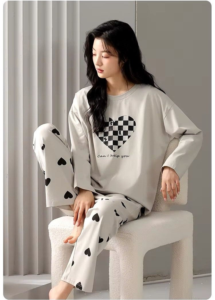 Grey Puzzle Heart Print With Heart Printed Trouser Full Sleeves Night Suit RB-25