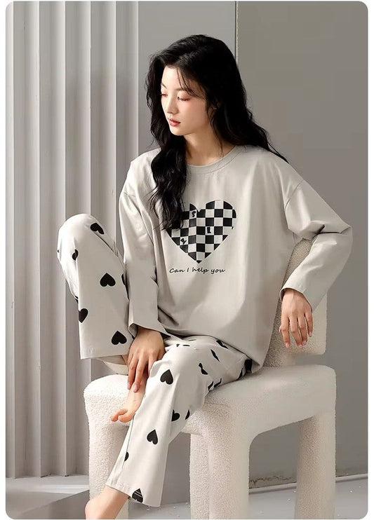 Grey Puzzle Heart Print With Heart Printed Trouser Full Sleeves Night Suit RB-25