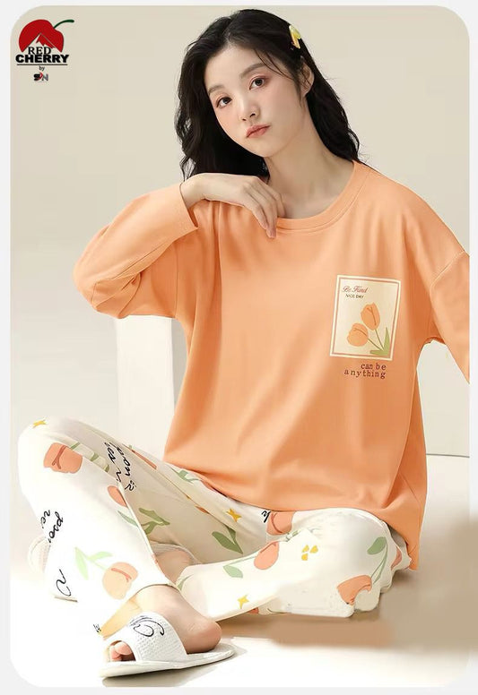 Orange Pocket Flower Print With Flower Printed Trouser Full Sleeves Night Suit RB-24