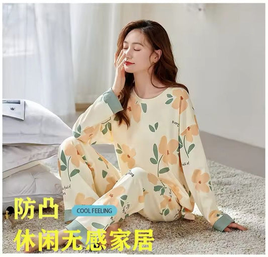 Off White Flower Print With Flower Printed Trouser Full Sleeves Night Suit RB-23