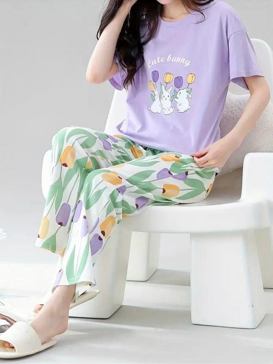 Lilac Bunny Printed Half Sleeves Night Suit (RB-777)