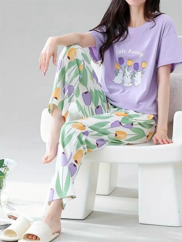 Lilac Bunny Printed Half Sleeves Night Suit (RB-777)